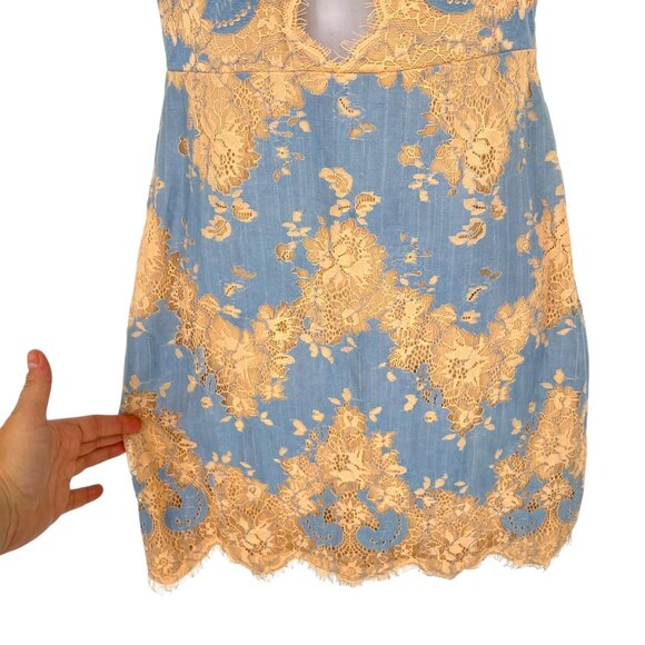 Storia Floral Lace Mesh Short Sleeve Mini Dress Blue Beige Size Small - Picture 10 of 13